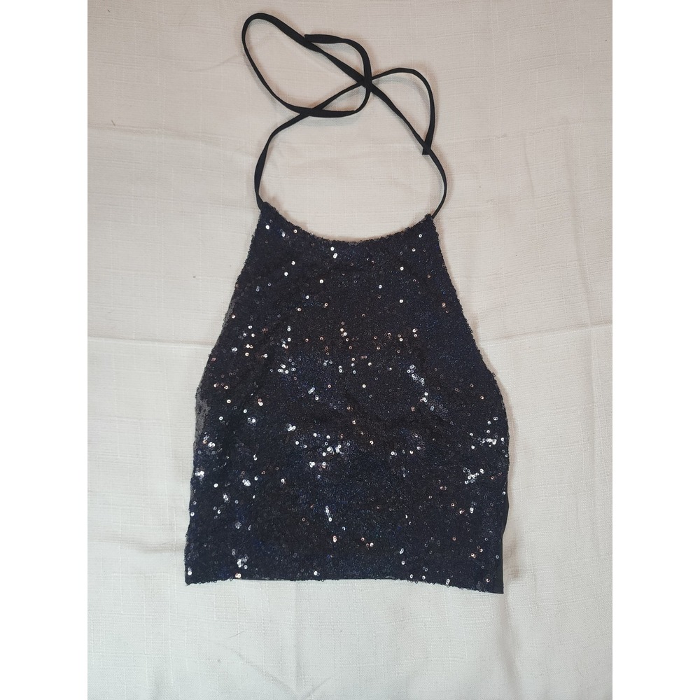 Black Holographic Sequin Halter Crop Top Festival Rave Clubwear High Neck